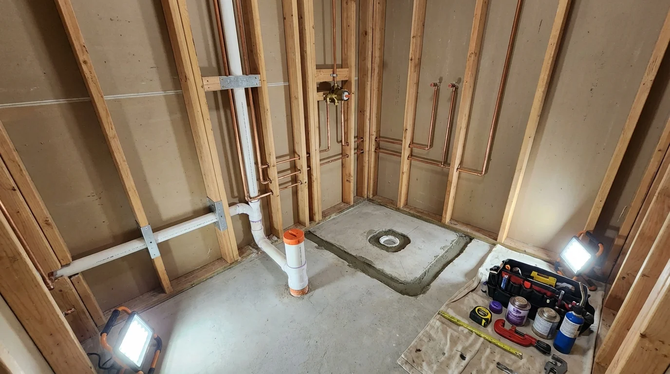 Bathroom rough-in plumbing during remodel by Johns Plumbing LLC in Nicholson