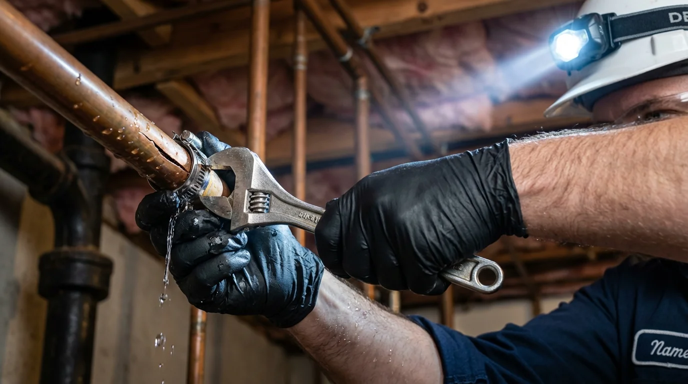 Emergency pipe clamp repair being performed by a Johns Plumbing LLC plumber in Nicholson