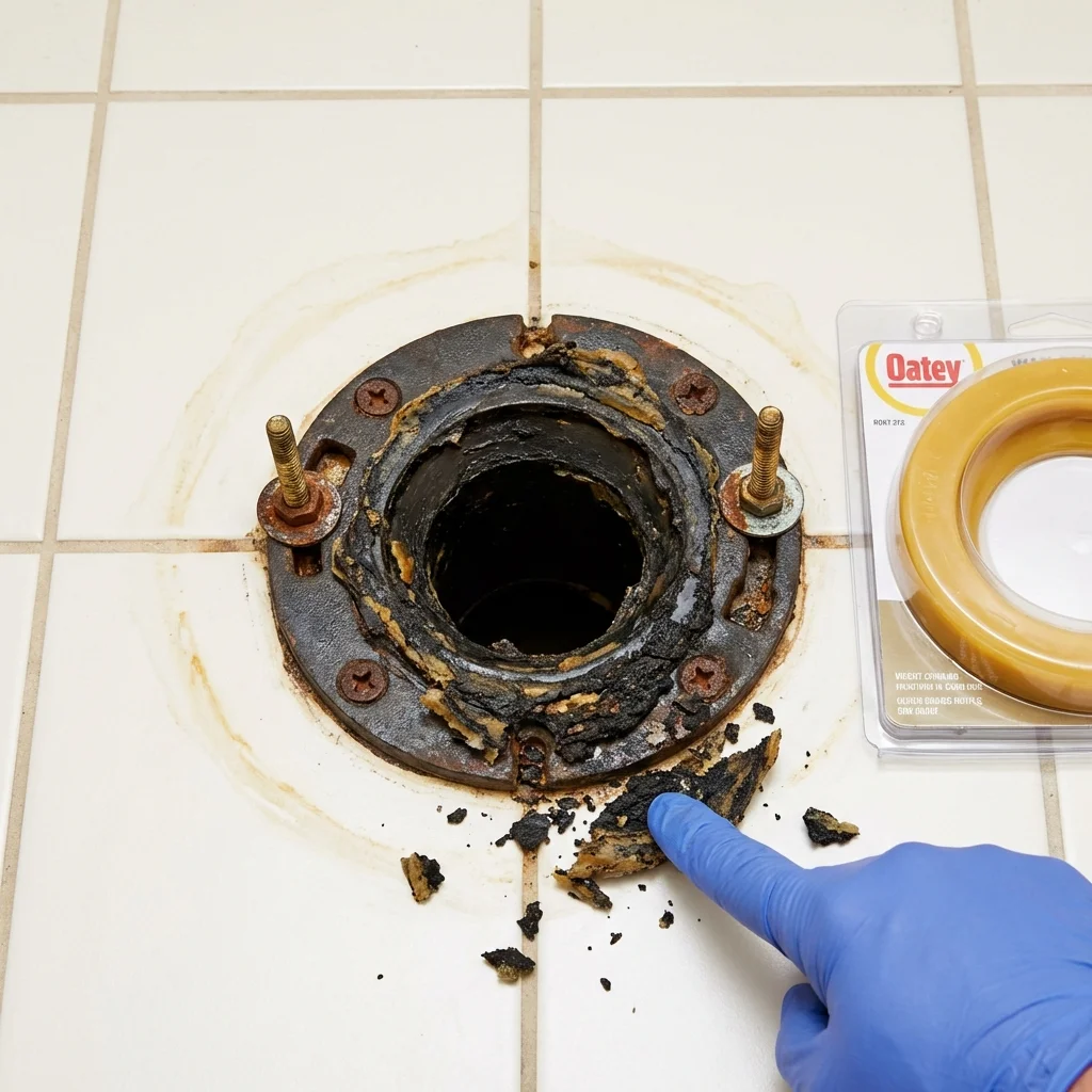 Failed wax ring showing water seepage at the base of a toilet in a Nicholson, GA home